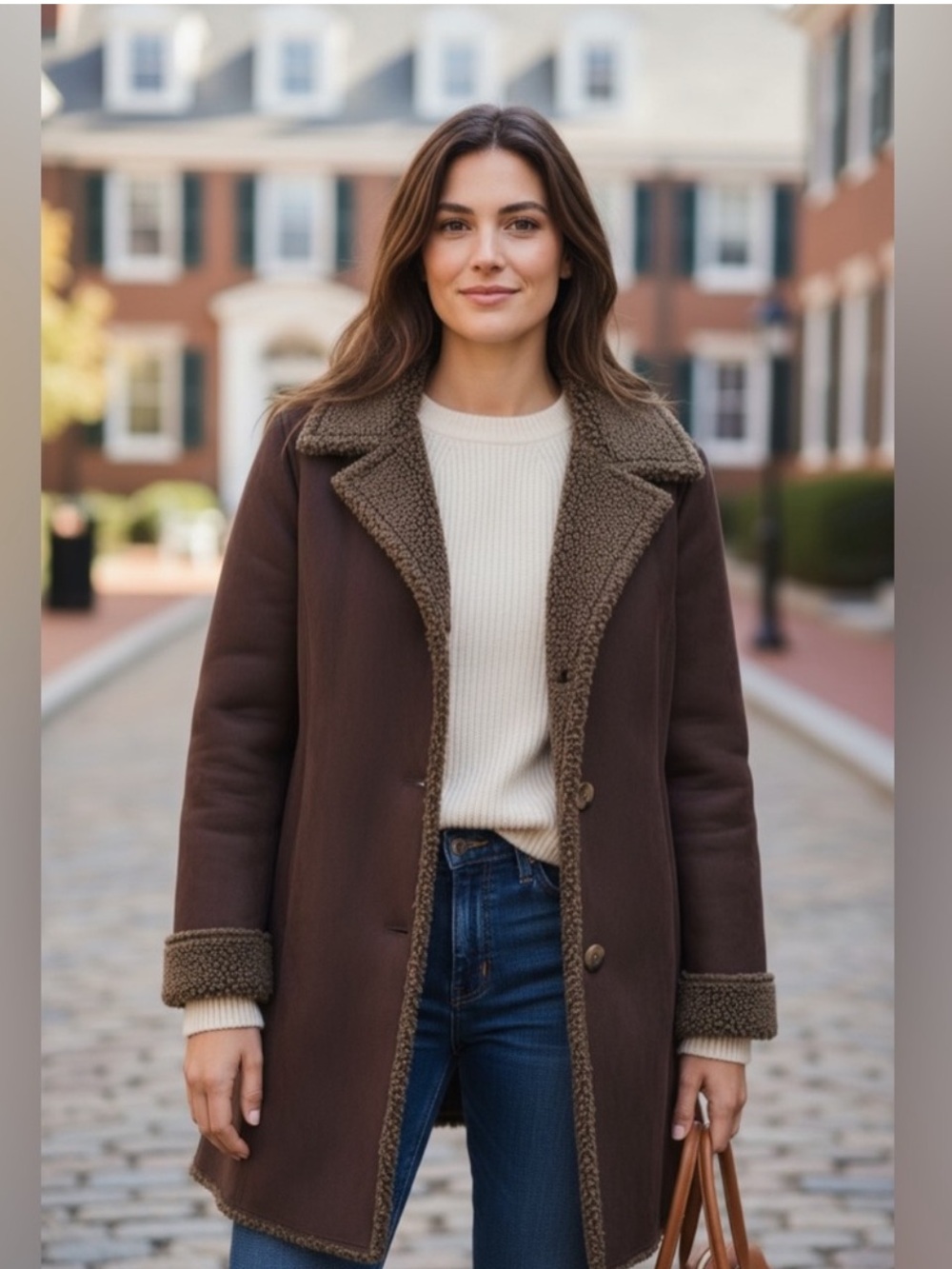LL Bean Brown Faux Sherpa Coat Toggle Button Front Mid Length, Medium